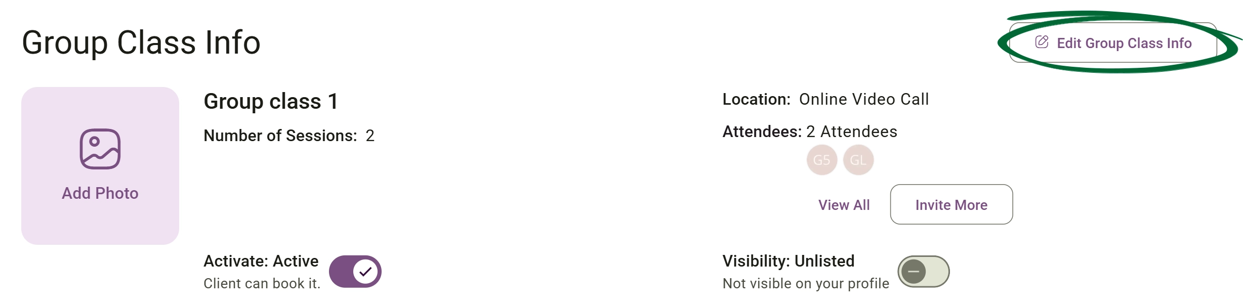 Edit Group Class Information screenshot